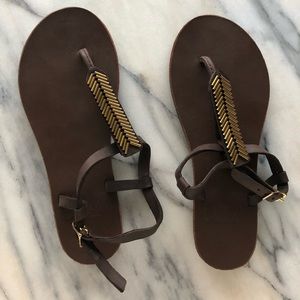 Sseko espresso t-strap sandals with Mohave accents